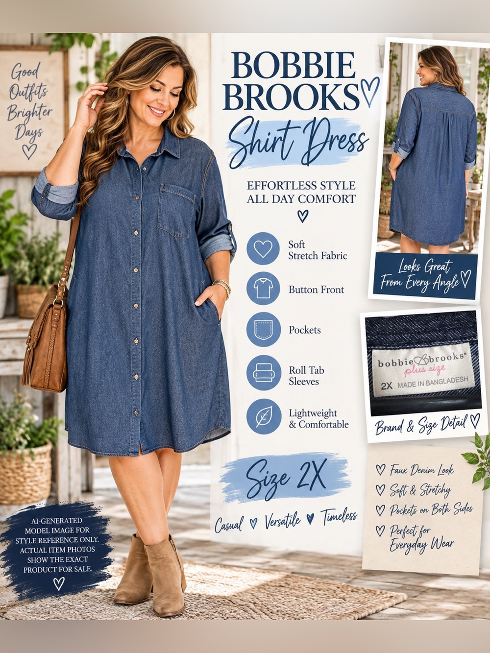 BOBBIE BROOKS PLUS SIZE FAUX DENIM SHIRT DRESS • 2X